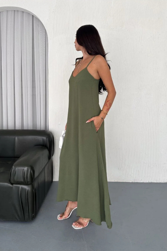 Airobin Kumaş & Cep Detaylı Elbise Kiloş Elbise -9005