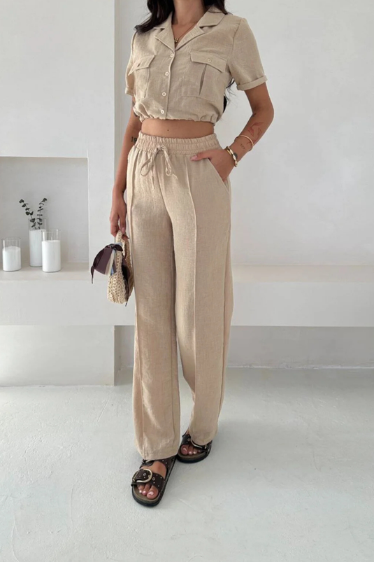 Keten Kumaş Oversize Gömlek & Pantolon İkili Takım -WW4154