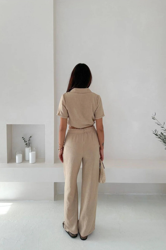 Keten Kumaş Oversize Gömlek & Pantolon İkili Takım -WW4154