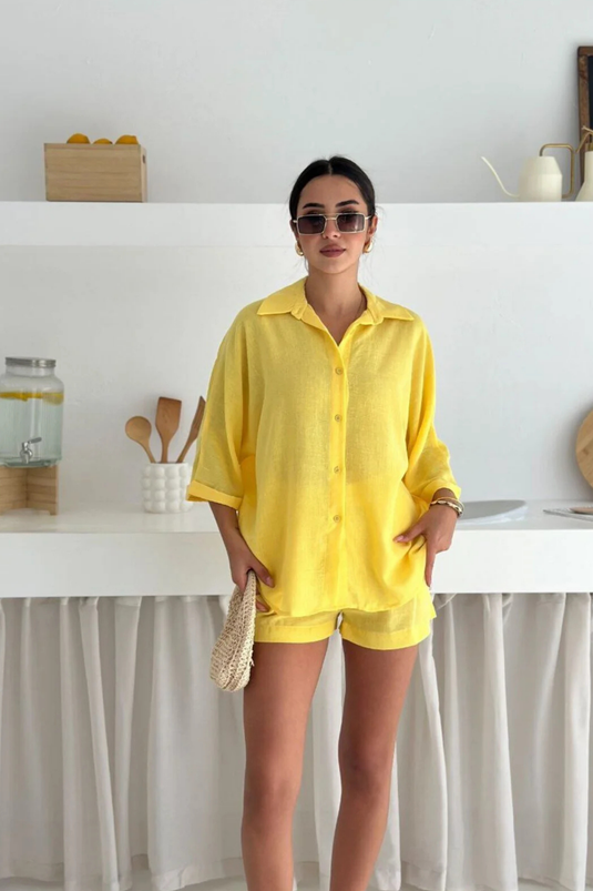 Keten Kumaş Oversize Gömlek & Şort İkili Takım