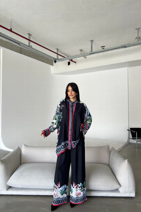 İthal Jessica Kumaş Gömlek & Pantolon İkili Takım-Kırmızı Beyaz Çiçekli 42100-1