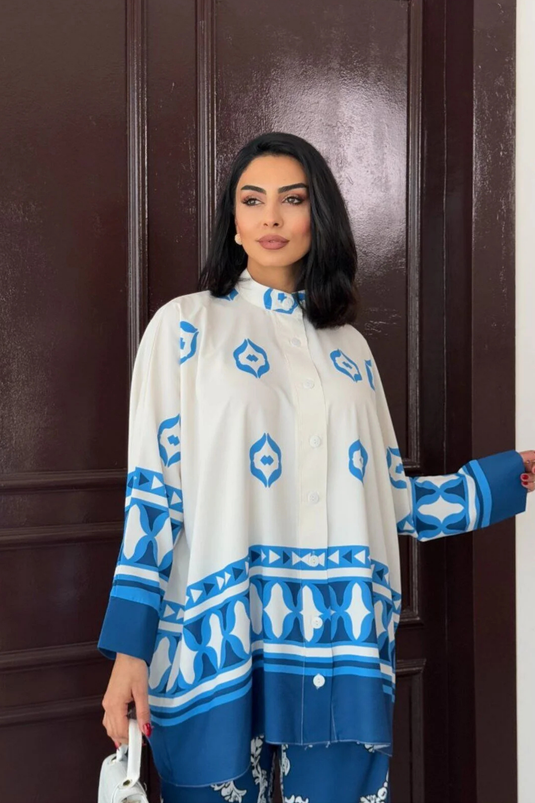 İthal Jessica Kumaş Gömlek & Pantolon İkili Takım Mavi Çiçekli 25100-5