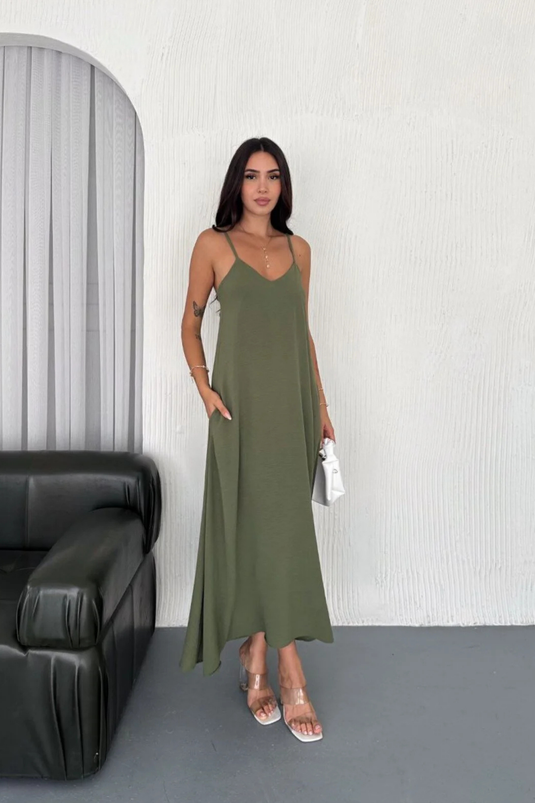 Airobin Kumaş & Cep Detaylı Elbise Kiloş Elbise -9005
