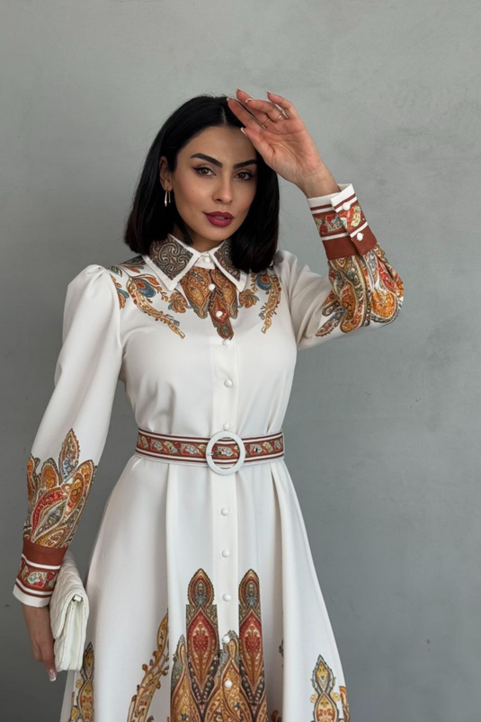 Atlas Kumaş Çiçek Desenli Gömlek Yaka Düğme Detaylı Elbise (KEMER DAHİLDİR)2501-1
