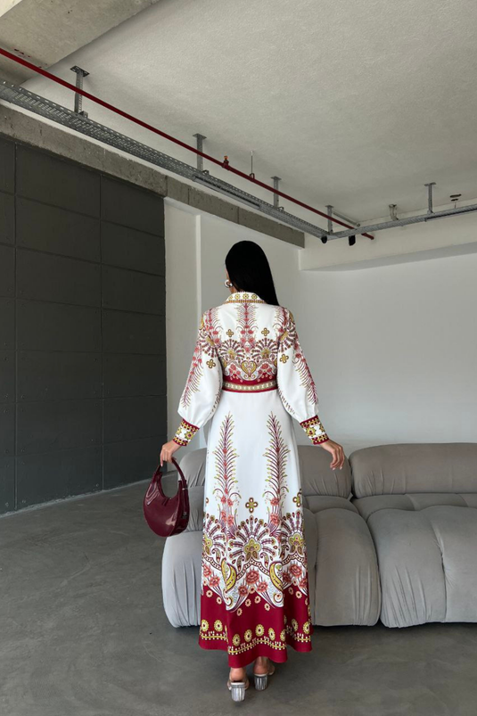 Atlas Kumaş Çiçek Desenli Gömlek Yaka Düğme Detaylı Elbise (KEMER DAHİLDİR)-4246