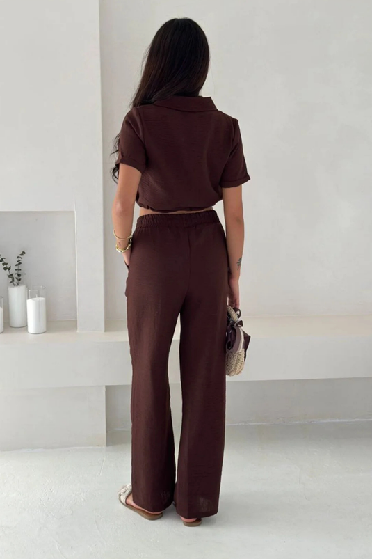 Keten Kumaş Oversize Gömlek & Pantolon İkili Takım -WW4154