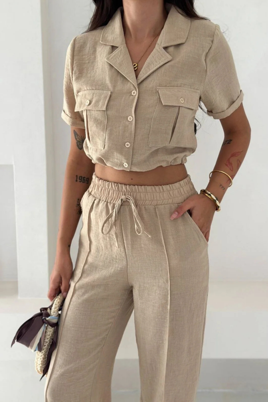 Keten Kumaş Oversize Gömlek & Pantolon İkili Takım -WW4154