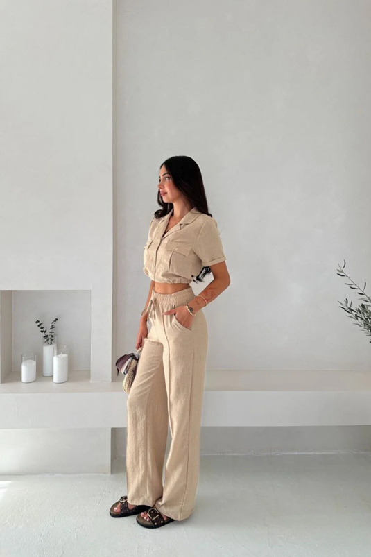 Keten Kumaş Oversize Gömlek & Pantolon İkili Takım -WW4154
