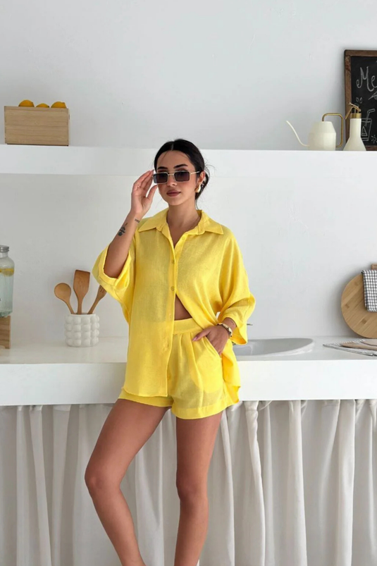 Keten Kumaş Oversize Gömlek & Şort İkili Takım
