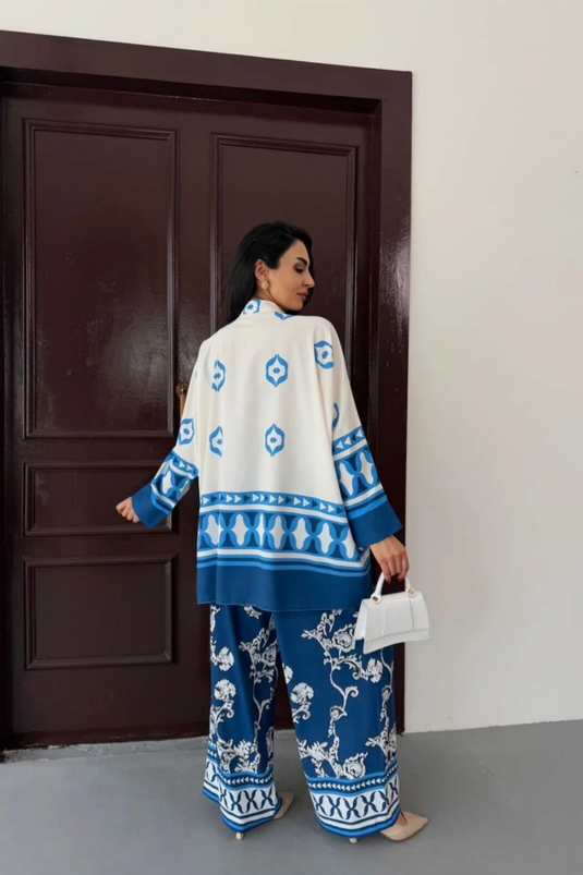 İthal Jessica Kumaş Gömlek & Pantolon İkili Takım Mavi Çiçekli 25100-5