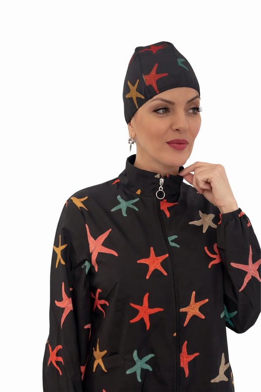 Beli Bağcıklı Fermuarlı Dijital Baskılı Tesettür Mayo- Bone Hediyeli