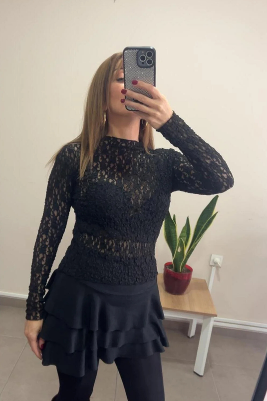 Yarım Balıkçı Yaka Full Likralı Dantel Bluz