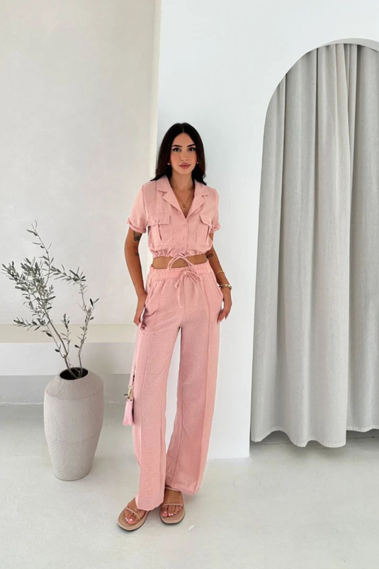 İthal Keten Kumaş İplik Detaylı Crop Gömlek & Pantolon İkili Takım