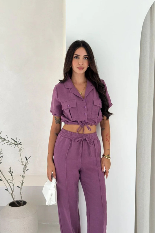 İthal Keten Kumaş İplik Detaylı Crop Gömlek & Pantolon İkili Takım