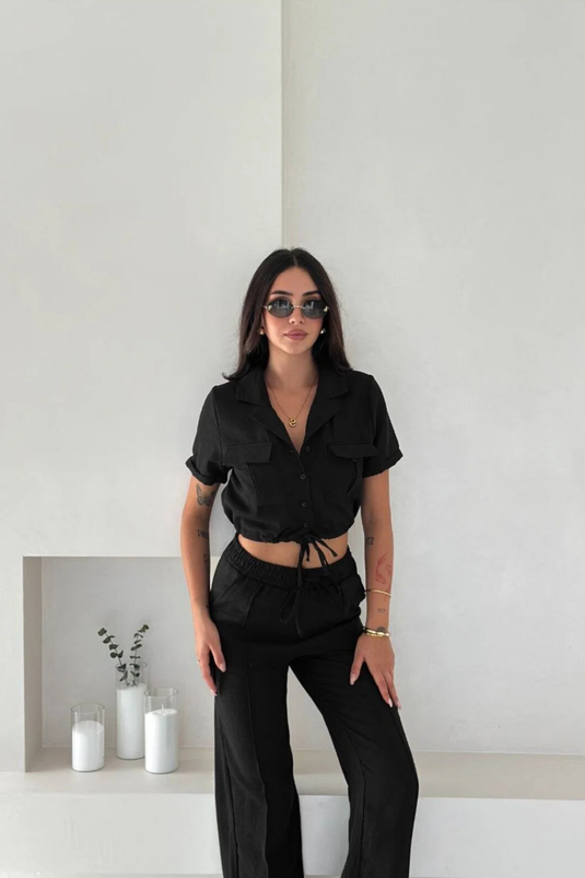 Keten Kumaş Oversize Gömlek & Pantolon İkili Takım -WW4154