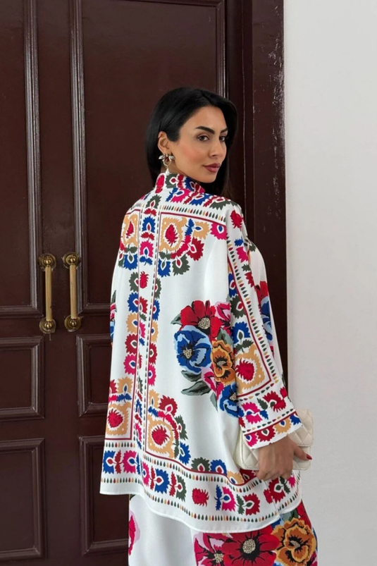 İthal Jessica Kumaş Çiçek Desenli Gömlek & Pantolon İkili Takım