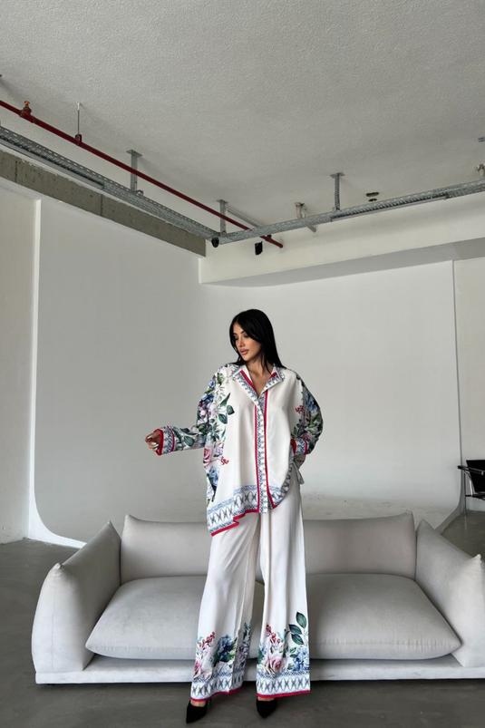 İthal Jessica Kumaş Gömlek & Pantolon İkili Takım-Kırmızı Beyaz Çiçekli 42100-1
