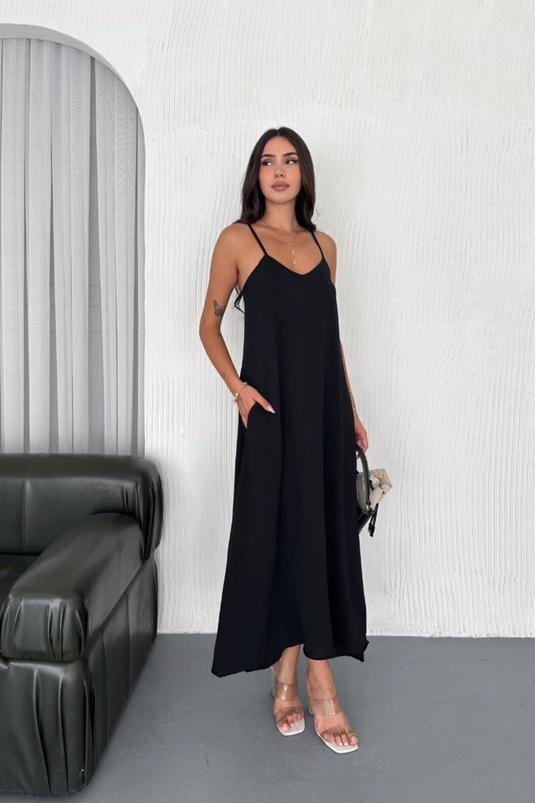 Airobin Kumaş & Cep Detaylı Elbise Kiloş Elbise -9005