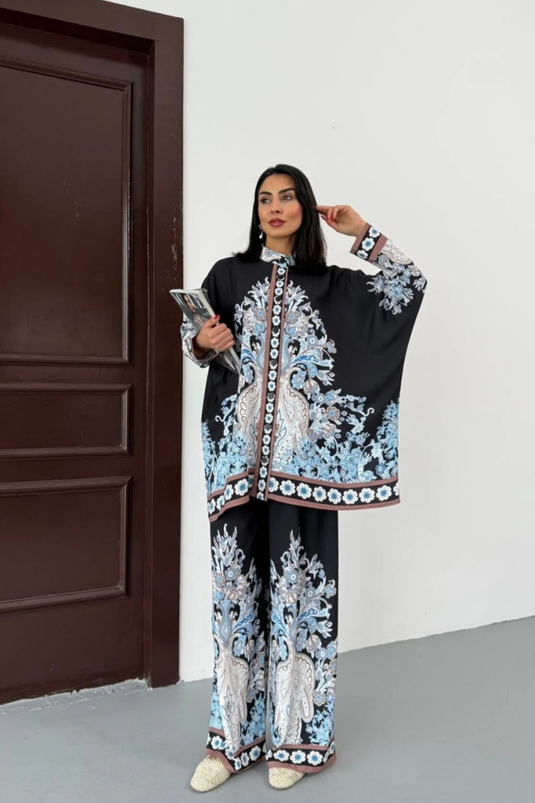 İthal Jessica Kumaş Çiçek Desenli Gömlek & Pantolon İkili Takım
