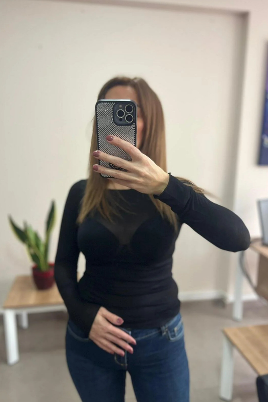 Kayık Yaka Transparan Detay Kaşmir Kumaş Bluz