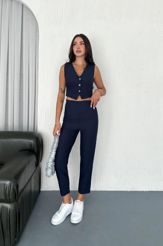 Dabıl Kumaş Düğme Detaylı Yelek & Pantolon İkili Takım -1059