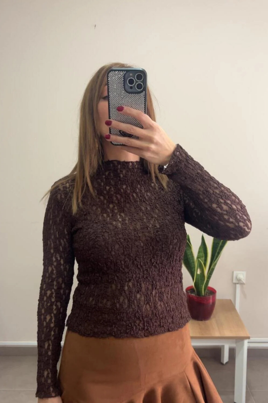 Yarım Balıkçı Yaka Full Likralı Dantel Bluz