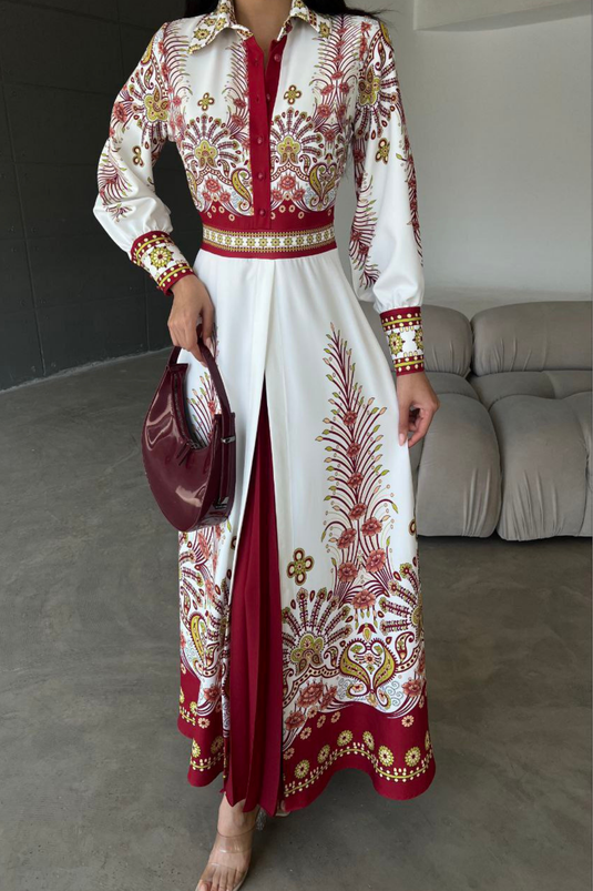 Atlas Kumaş Çiçek Desenli Gömlek Yaka Düğme Detaylı Elbise (KEMER DAHİLDİR)-4246
