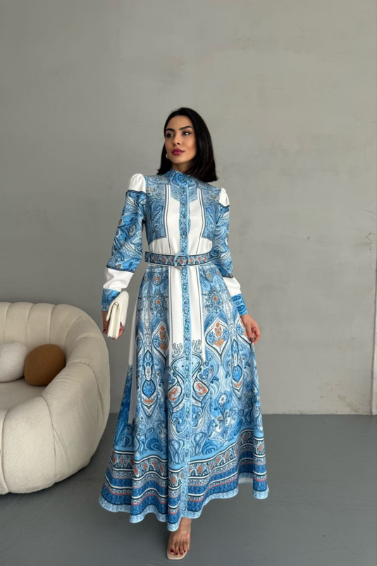 Atlas Kumaş Çiçek Desenli Gömlek Yaka Düğme Detaylı Mavi Elbise (KEMER DAHİLDİR) 2502-6