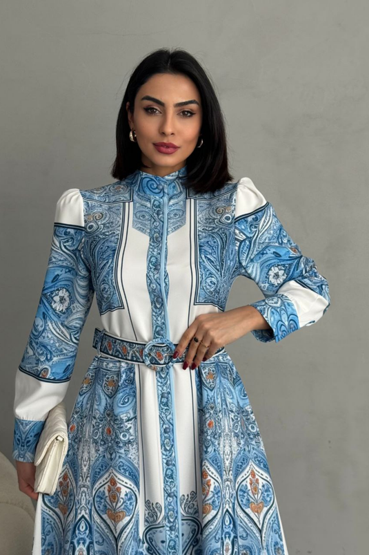 Atlas Kumaş Çiçek Desenli Gömlek Yaka Düğme Detaylı Mavi Elbise (KEMER DAHİLDİR) 2502-6