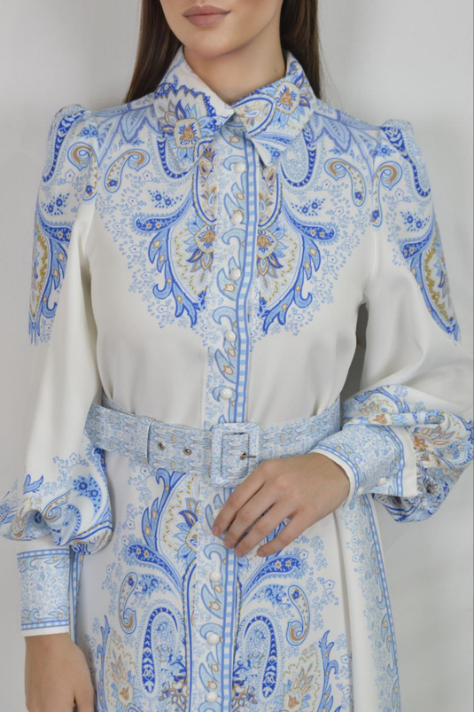 Atlas Kumaş Çiçek Desenli Gömlek Yaka Düğme Detaylı Mavi Elbise (KEMER DAHİLDİR)-23133
