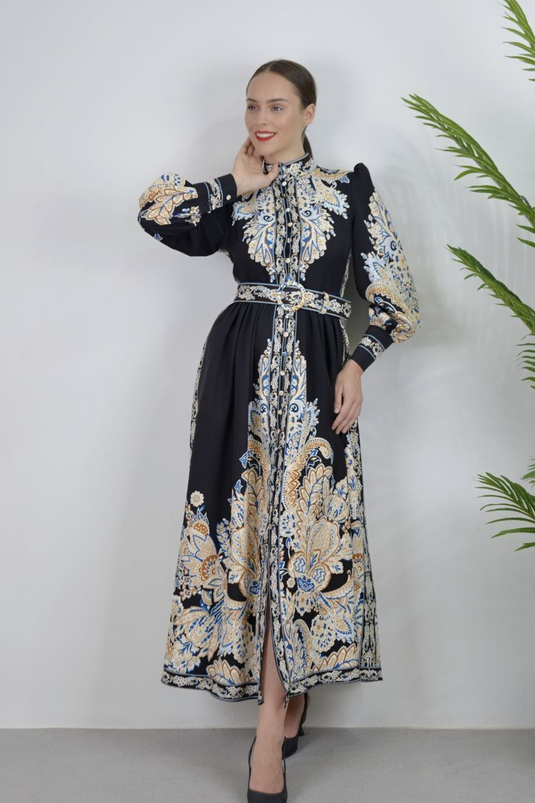Atlas Kumaş Düğme Detaylı Elbise (KEMER DAHİLDİR)- 2397